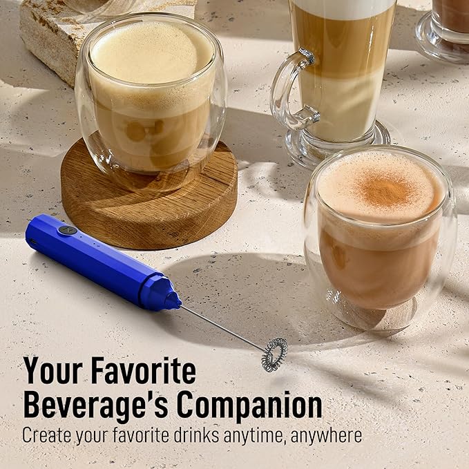 Zulay Froth N Go Milk Frother – Rechargeable 3-in-1 Handheld Frother Wand with Travel Case & USB-C Charger – Single, Double & Egg Whisk for Latte, Cappuccino, Matcha, Protein Shakes – Royal Blue