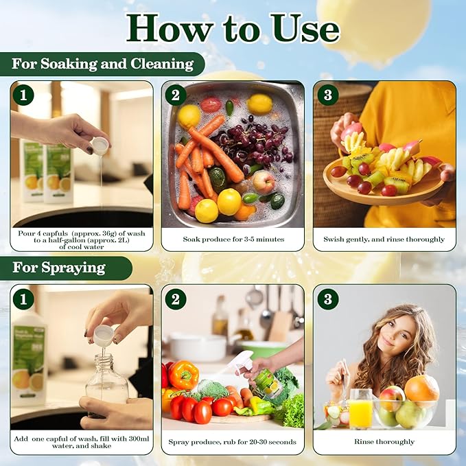 ASKIZ Fruit & Vegetable Wash,13 Gallons Lemon Produce Wash and Clean,Fruit Cleaner Comes With an Improved Nozzle Bottle,Multi Purpose Cleaner Removes Wax, Dirt and Surfaceues
