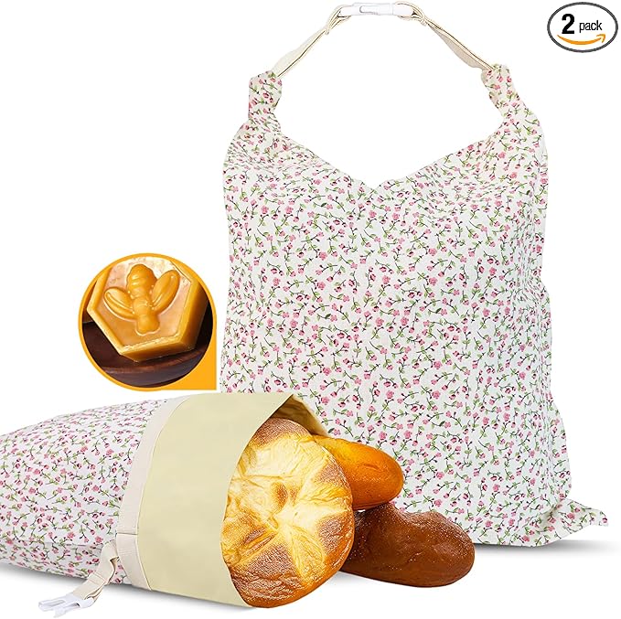 2 Pack Beeswax Bread Bags - 17x13 Inch Reusable Bread Storage Bags,Bees Wax Lined Bread Bags for Home Cooks fresh bread storage Easy Clean (Pink Floral)