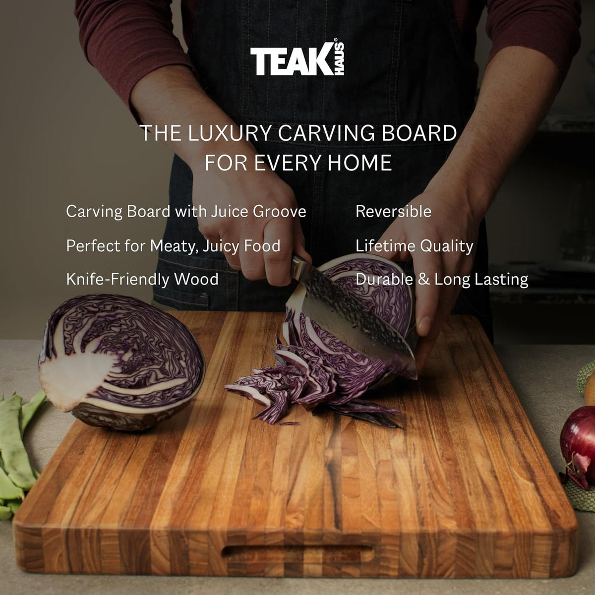 Teakhaus Cutting Board - Extra Large (XL) Wood Cutting Board with Grip Handles - Reversible Teak Edge Grain Wood - Knife Friendly - FSC Certified