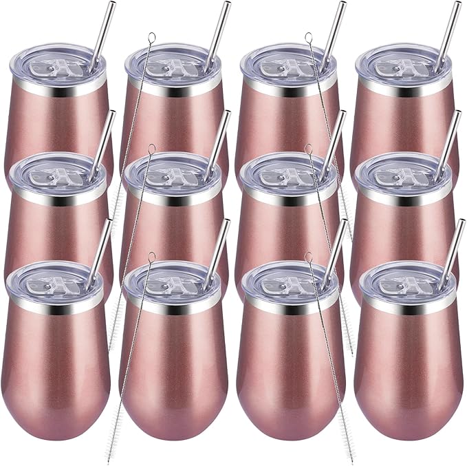 MEWAY Stainless Steel Wine Tumbler with Lid and Straw 12oz - Stemless Insulated Wine Cup Glasses for Coffee,Cocktails,Drinks, and Office Use, Ideal for Parties and Gifts(Rose Gold, Set of 12)