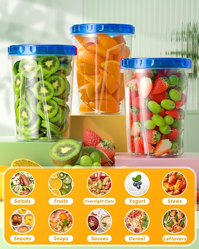 BiuLeon 6 Pack-34 oz Freezer Storage Containers, Plastic Food Storage Containers with Twist Top Lids, BPA Free and Reusable Soup Containers with Lids, Leakproof/Microwave/Dishwasher Safe