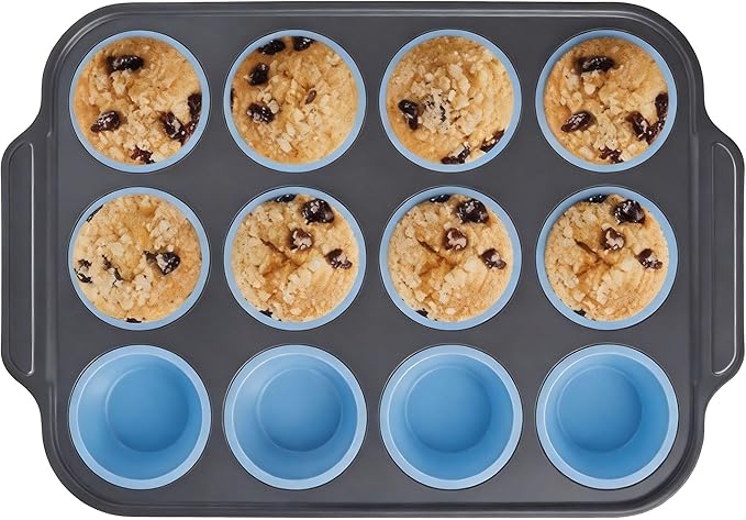 Rigid-Frame Silicone Muffin Pan for Baking,No-Spill Easy-Transfer Design,Reinforced Steel Frame, Non-Stick & Dishwasher Safe,12-Cup Regular Size Muffin & Cupcake Pan Bakeware for Oven (Blue 1pcs)