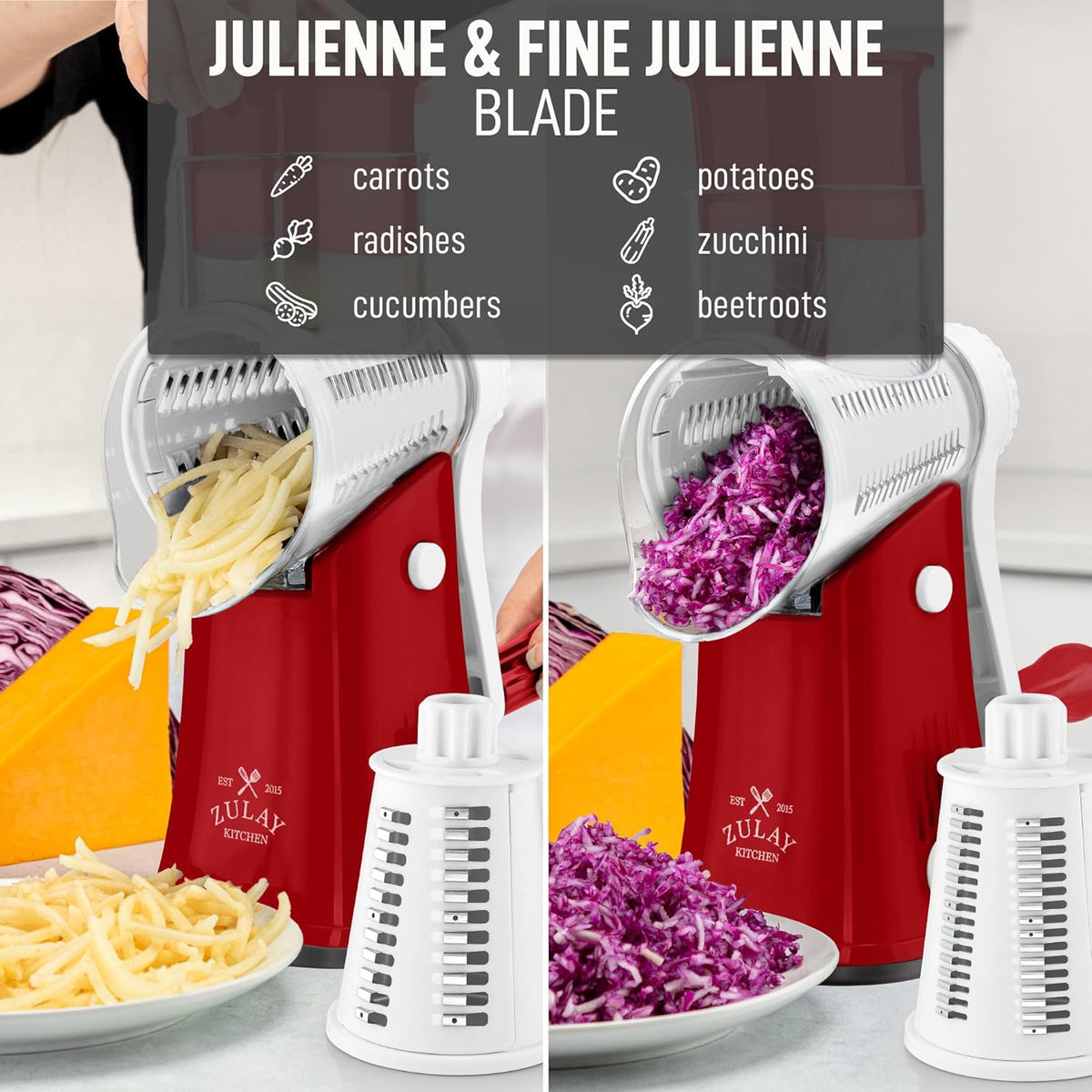 Zulay Kitchen Rotary Cheese Grater 5 Blade Cheese Shredder - Manual Hand Crank Cheese Grater With Reinforced Suction & 5 Interchangeable Drums - Easy to Use, Vegetable Chopper Round Mandoline Slicer