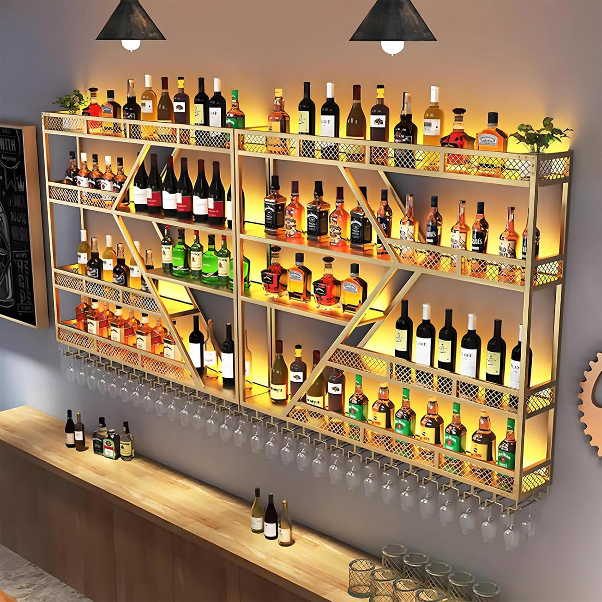 94.48in Metal Wine Rack Wall Mounted, Modern Wine Storage Rack Wall Mounted with Wine Glass Holder, Liquor Shelf, Bar Shelves for Liquor Bottles (4 Tiers Gold, 94.48 * 7.87 * 33.85INCH)