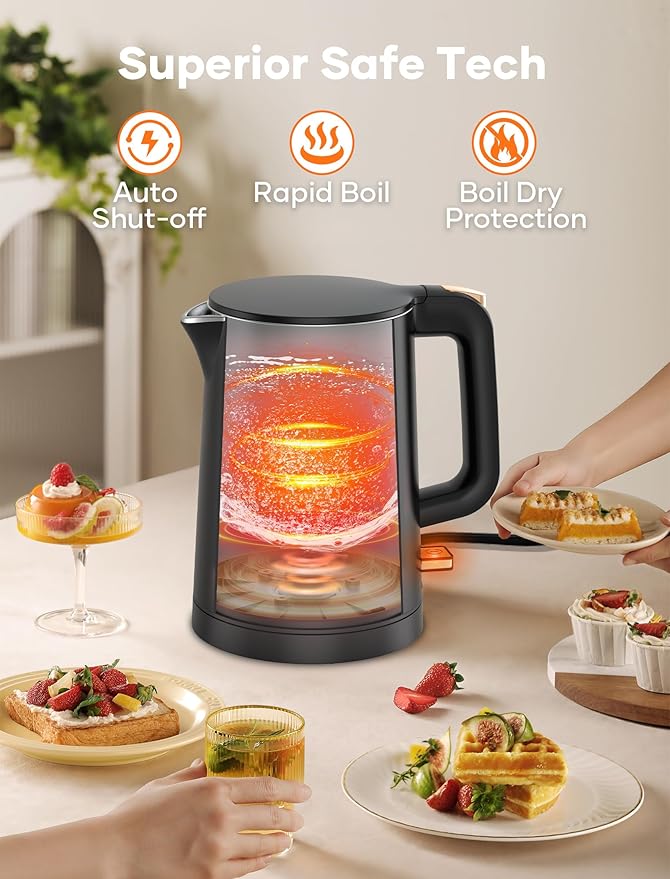 Small Electric Kettle, 0.8L Water Boiler & Heater, 1000W Hot Tea Pot, Double Wall Stainless Steel Cool Touch, Mini Coffee Kettle with Auto Shut Off & Boil Dry Protection, BPA-Free, Black Gold