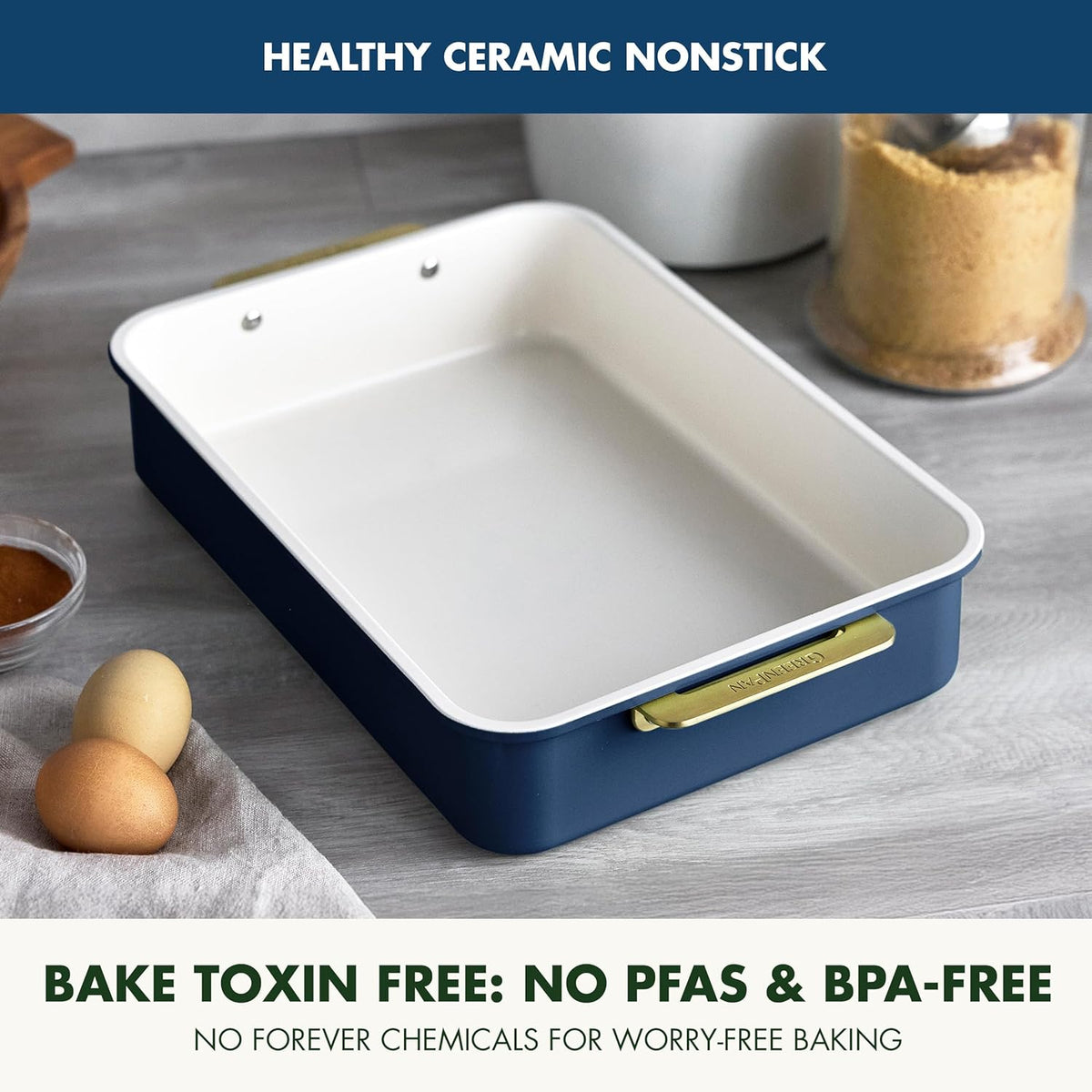 GreenPan Bakeware Rectangular Cake Pan, Ceramic Nonstick Baking Pan, PFAS & BPA Free, Gold Handles, Durable Steel, Freezer to Oven Dish, Scratch Resistant, Bake & Roast Ovenware, Oxford Blue