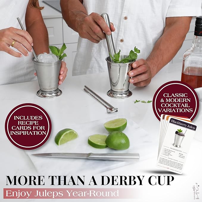 Gusto Nostro Mint Julep Cups Set of 4 - Stainless Steel Julep Cup Kit with Straws, Muddler, Spoon,Recipes, Vases - Southern-style Cocktail Glasses for Home Bar - Stainless Steel Cocktail Cups (Silver)
