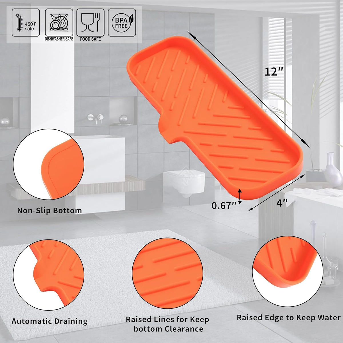 Silicone Bathroom Soap Dishes with Drain Spout-Bathroom and Kitchen Sink Organizer,Sponge Holder,Dish Soap Tray,Perfect for Dispenser,Scrubber,Bottle,Cup on Sink or Counter-Orange 12"×4"