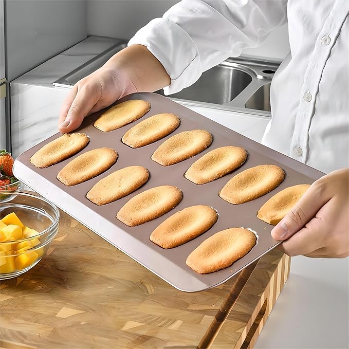 Madeleine Pans for Baking (2-Pack) 12 cup Madlen Mold Makes Shell Shape Cake Cookies Nonstick Carbon Steel Madeline Tray for Oven Gold