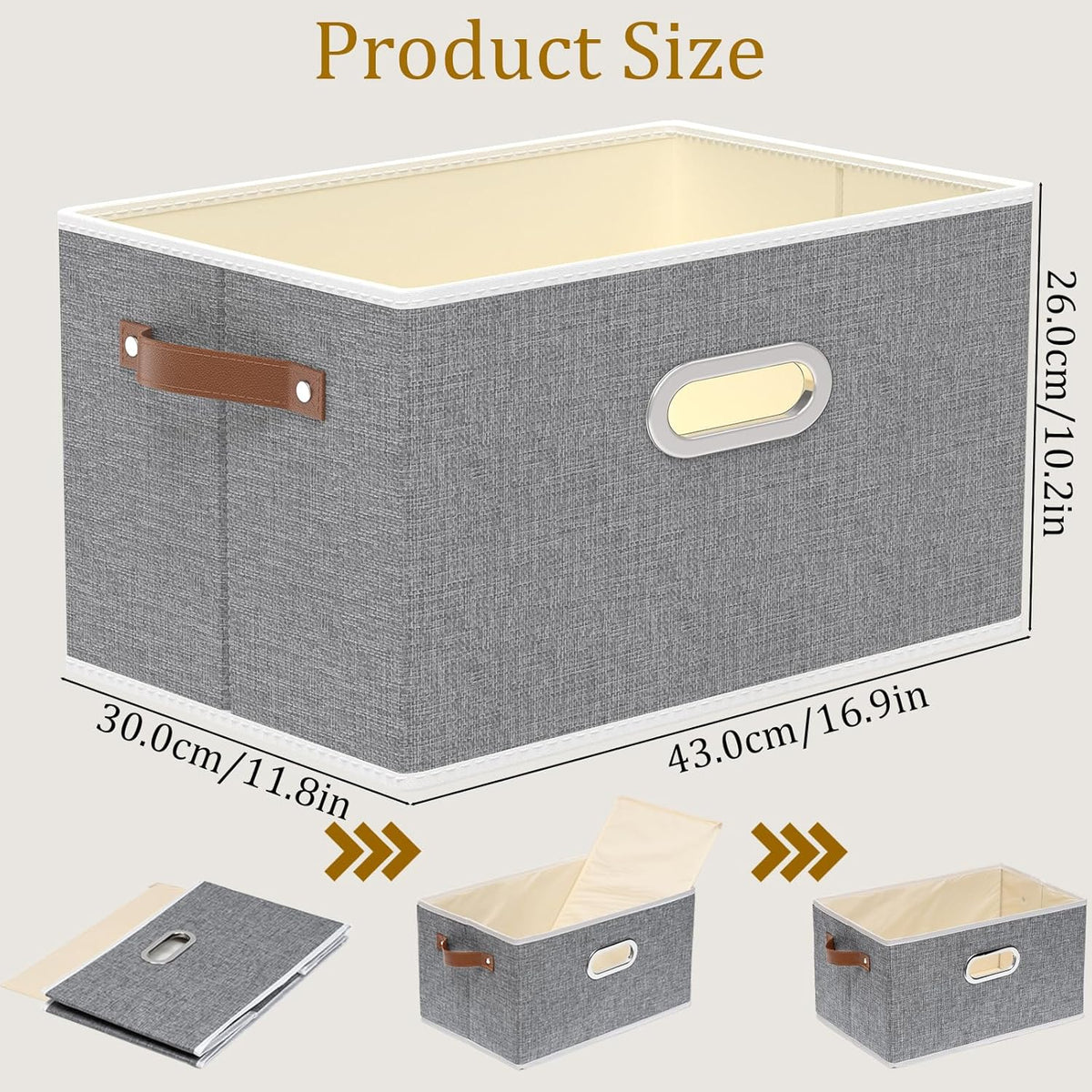 Yawinhe Fabric Storage Bins with Handles, Foldable Baskets for Shelves, Cubes with 3 Handles, Large Boxes for Clothes, Grey, 16.9''Lx11.8''Wx10.2''H, 4-Pack
