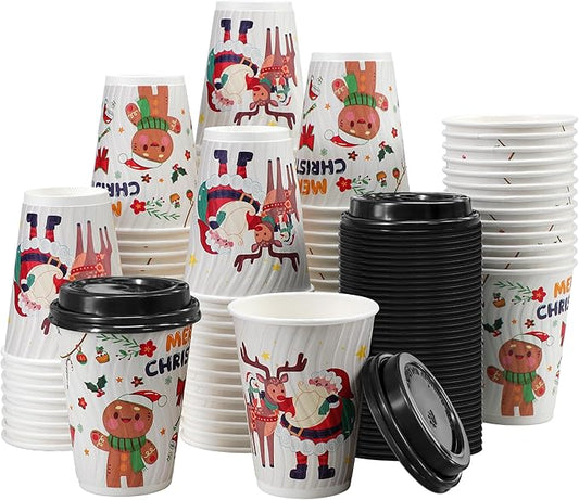Christmas 100 Pack Coffee Cups with Lids 12oz, Disposable Insulated Ripple Wall To Go Paper Coffee Cups for Hot/Cold Drinks Office Home Shop Event