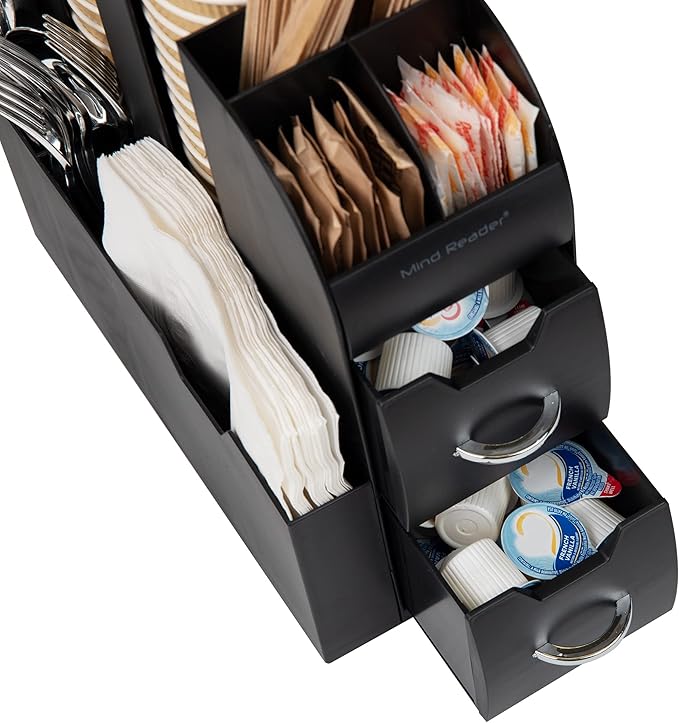 Mind Reader Single Serve Coffee Pod Drawer and Cup Condiment Set, 2 Pcs., 36 Pod Capacity, 5.35"L x 11.25"W x 11.15"H, Black