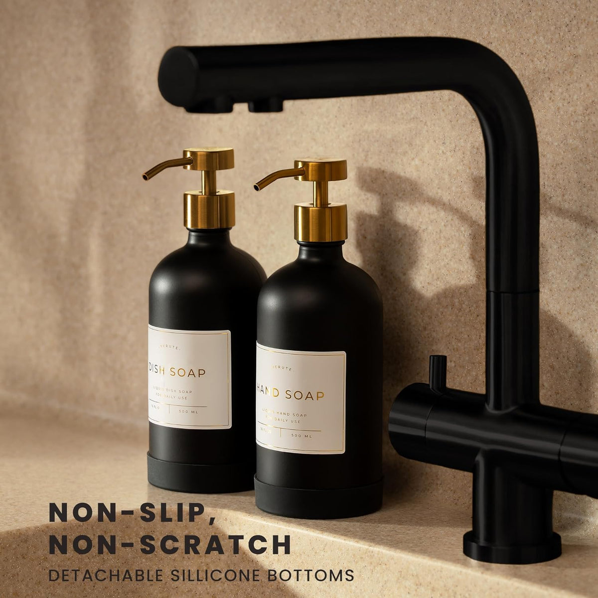 16oz Glass Soap Dispenser with Stainless Steel Pump, 21 Waterproof Labels, Non-Slip Protective Silicone Pad, Set of 2 for Bathroom & Kitchen (Matte Black Bottle/Brushed Gold Pump)