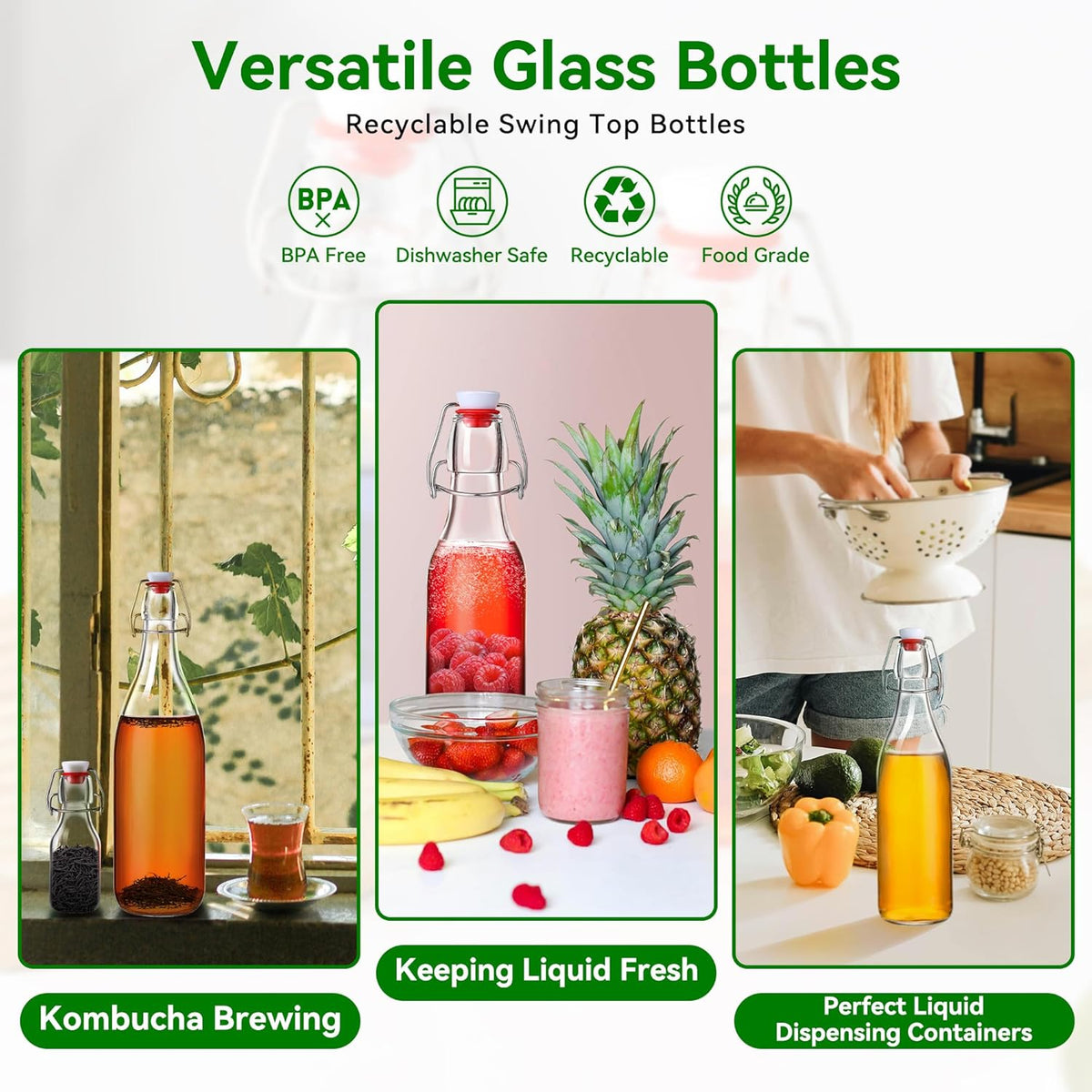 Leetaltree 4 Pack 16OZ Swing Top Glass Bottles Set, Brewing with Airtight Lid, Flip Top for Kombucha, Beverages, Beer, Oils-With Gaskets, Pourers, Etc