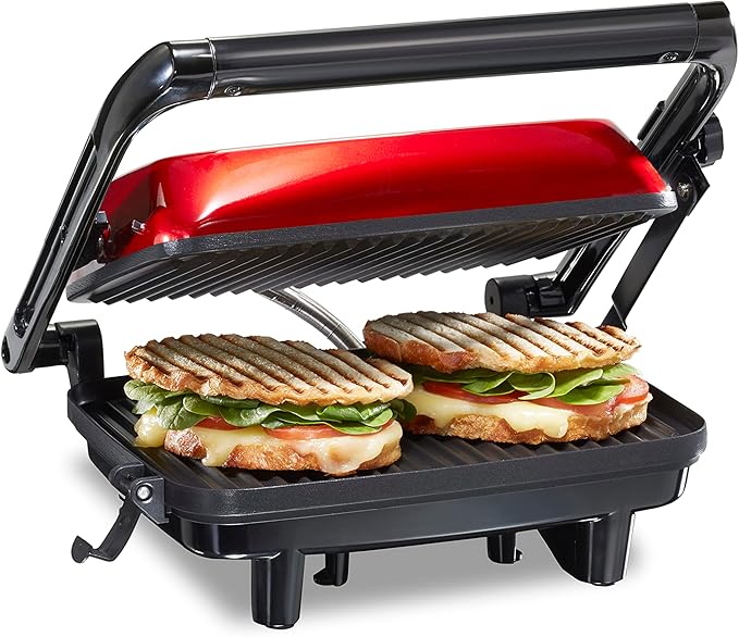 Hamilton Beach Panini Press Sandwich Maker & Electric Indoor Grill with Locking Lid, Opens Wide to Fit Any Thickness for Quesadillas, Burgers & More, Nonstick 8" x 10" Grids, Red (25462Z)