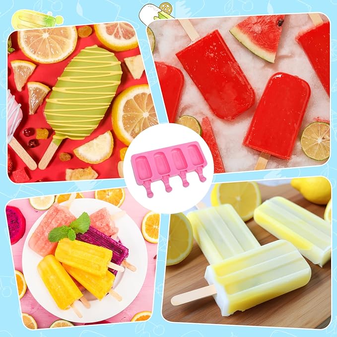 SAYAYA 2 Set Silicone Popsicle Molds with 100 Sticks, Reusable 4 Cavities Homemade Cake Pop & Cakesicle Mold for DIY Ice Cream, Ice Pop, Easy Release & Dishwasher Safe for Kids Family (Pink)