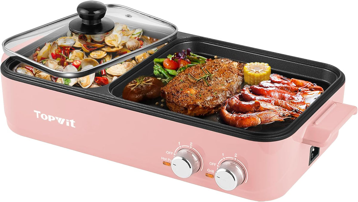 Topwit Hot Pot Electric with Grill, 2 in 1 Indoor Non-stick for Steaks, Shabu Shabu, Noodles, Simmer and Fry, Korean BBQ Grill, Independent Dual Temperature Control, Pink
