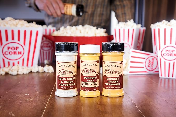 Amish Country Popcorn | Seasoning Variety Pack | 5.5 oz BallPark Style ButterSalt - 4.7 oz Cheddar Cheese & 4.7 oz Sour Cream and Onion Popcorn Seasoning