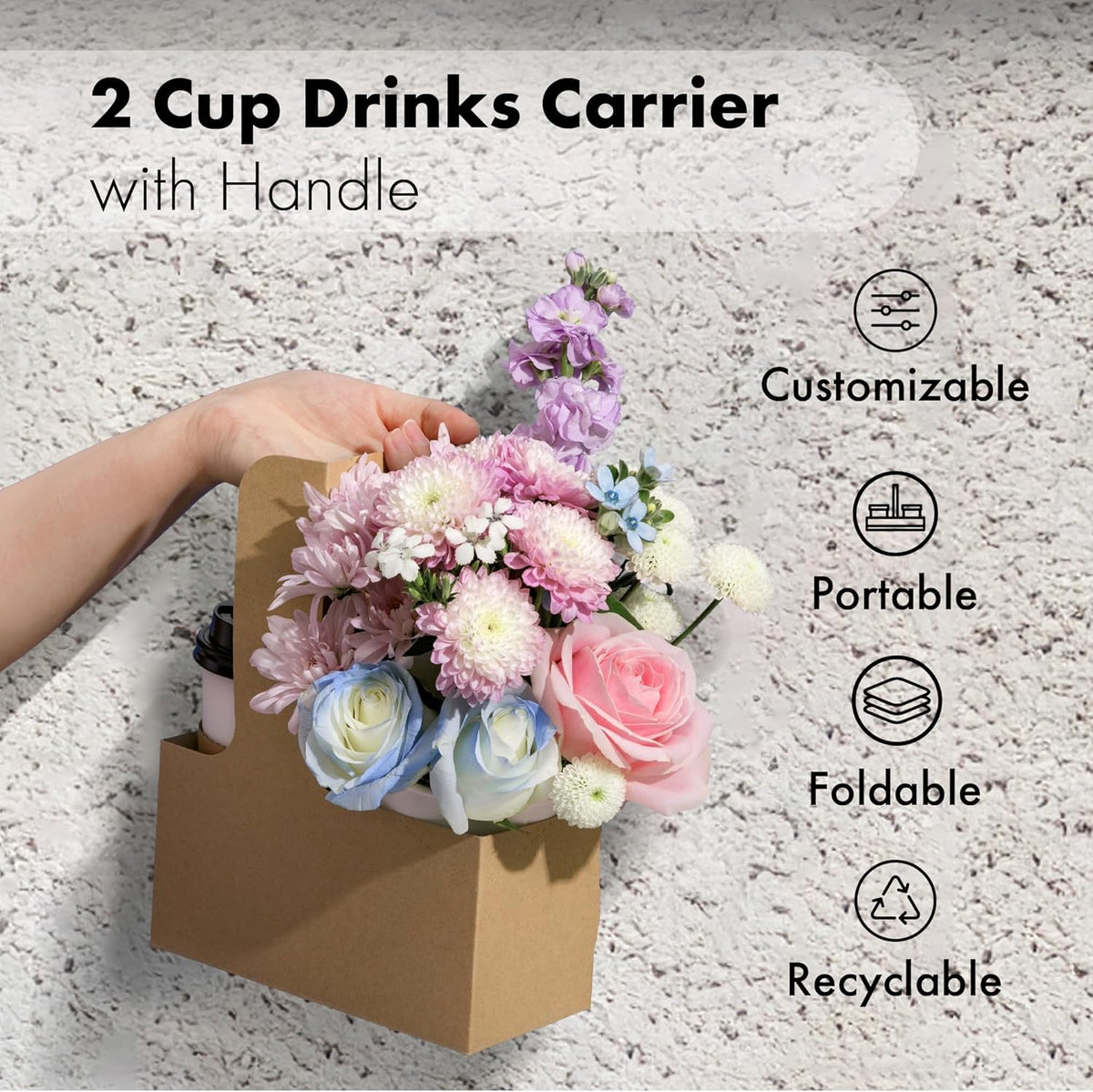 FMP Brands 2 Cup Disposable Drink Carrier with Handle, 25 Pack Kraft Paperboard Handled Drink Carriers 12-30 oz to Go Coffee Cup Holder, Cup Carrier for Cold Hot Drinks, Takeout, Cafe