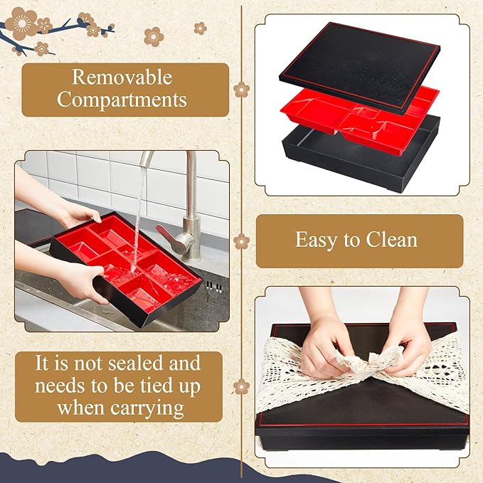 Teenyyou 2 Pcs 12 x 9.5 x 2.2 Inch Japanese Bento Box 6 Compartments Divided Lunch Box with Greaseproof Adult Japanese Bento Lunch Container Sushi Home Restaurant