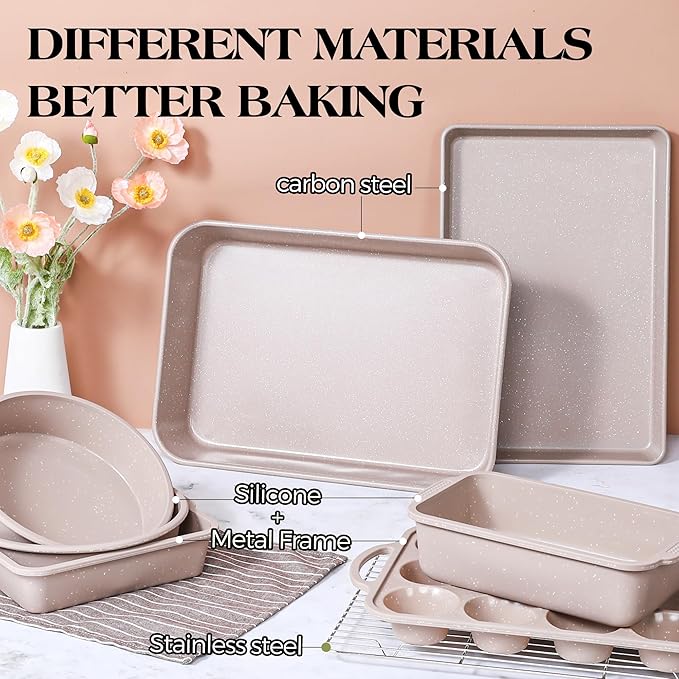 8 Pcs Baking Pans Set, Silicone Bakeware Sets with Metal Reinforced Frame, Nonstick Stackable Carbon Steel Non Toxic Baking Sets for Cooking (Brown)