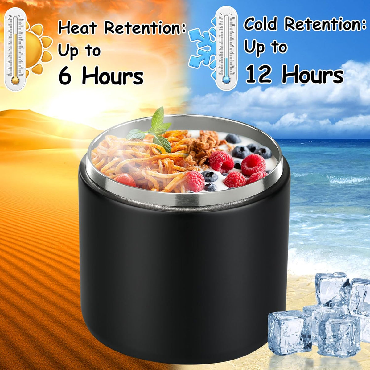 19oz Insulated Vacuum Food Jar with Buckle Lid Wide Mouth Soup Thermo for Hot Food Kids Leakproof Stainless Steel Lunch Container- Black-1Pack