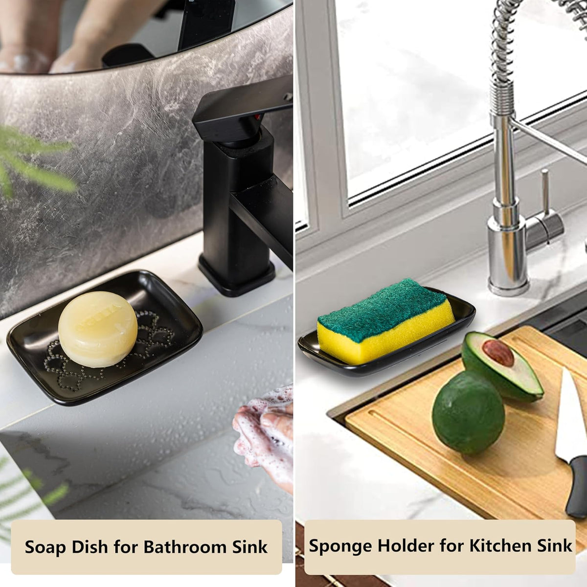Gomakren Soap Dish for Shower, Ceramic Soap Dishes for Bar Soap Sponge, Halloween Shower Soap Holder Saver Tray for Bathroom Kitchen Sink, Easy to Clean, Black