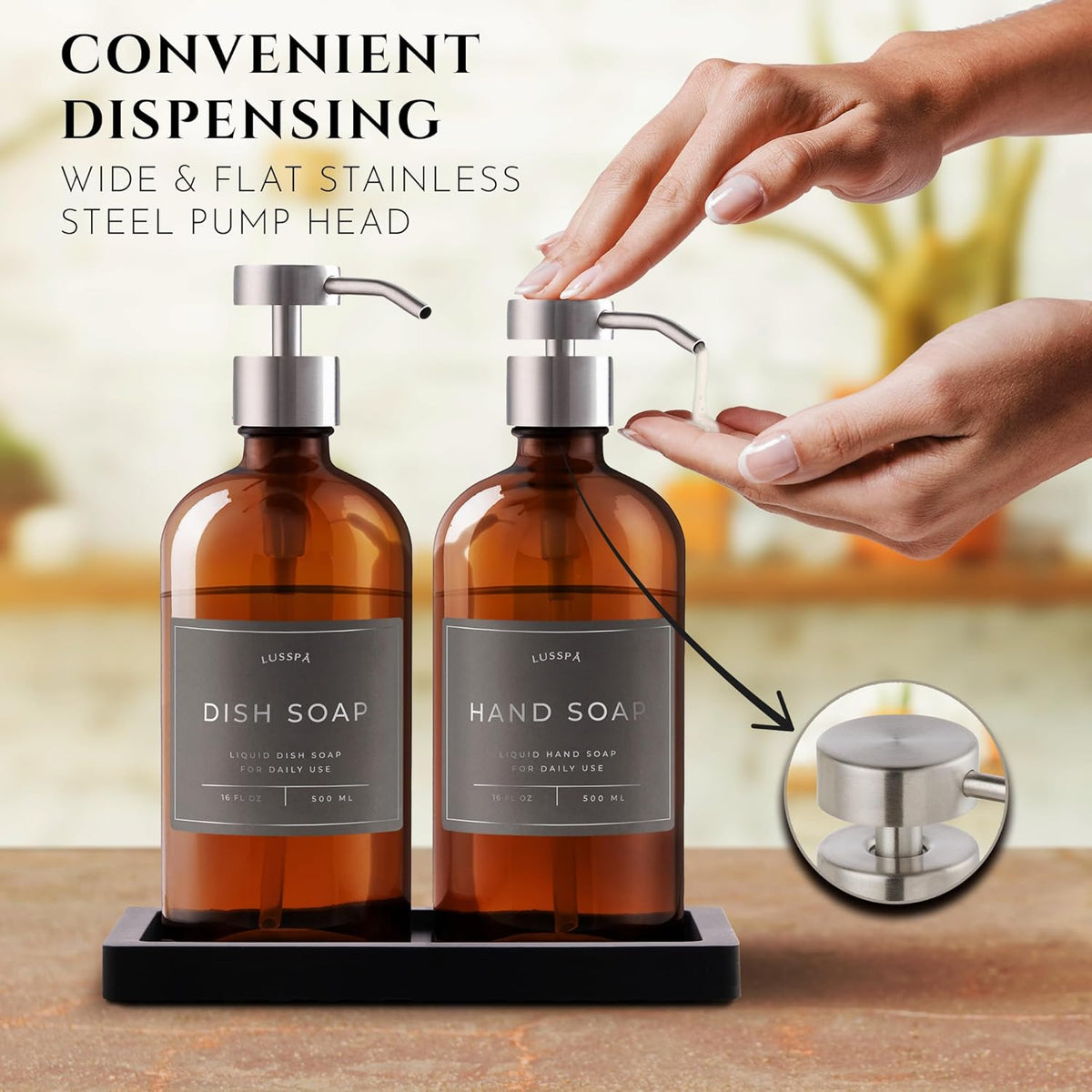 Lotion, Hand & Dish Soap Dispenser for Kitchen Sink - Bathroom Soap Dispenser Set of 2 16.8 Oz Glass Bottles with Stainless Steel Pump, 15 Water Proof Labels & Silicon Tray (Amber/Silver)