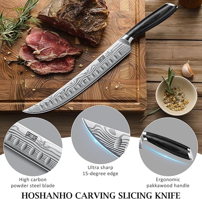 HOSHANHO Carving Kinfe 10 Inch, Forged High Carbon Powder Steel Butcher Breaking Knife, Razor Sharp Curved Brisket Slicing Kinfe for BBQ & Meat Cutting