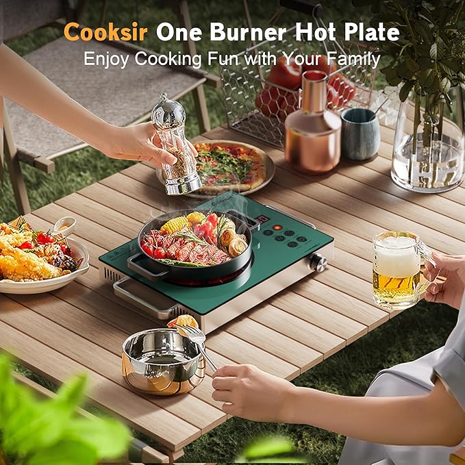 Single Burner Electric Cooktop - 110V 1800W Portable One Burner Hot Plate, Countertop Electric Stove top for Home, Camping, RV, Timer, Child Lock, Steam, BBQ, Stir Fry, 120V Plug in (Green)