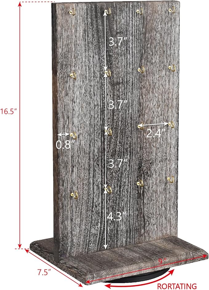 Ikee Design Wooden Rotating Two-Sided Jewelry Display Stand, Rotating Organizer with 32 Hooks for Store, Earring Keychain Display with Hooks, Coffee color, 9 W x 7.5 D x 16.5 H in