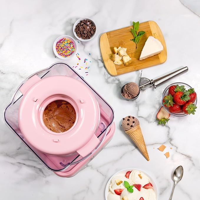 Nostalgia Electric Ice Cream Maker with 2-Qt Double Insulated Gel Canister & Stainless Steel Base - Makes Sorbet, Soft Serve, and Frozen Yogurt - Pink