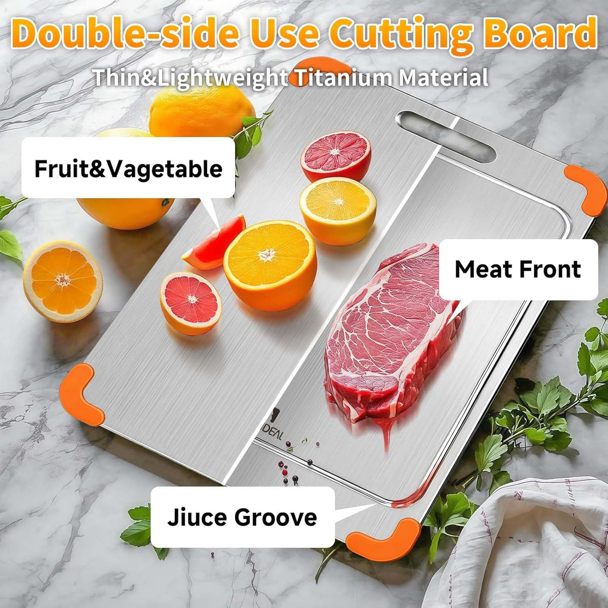 100% Pure Titanium Cutting Board with Grooves, Update Double Side Titanium Chopping Board, Silicone Anti-slip Stainless Cutting Boards for Kitchen 11 * 15 IN, Orange
