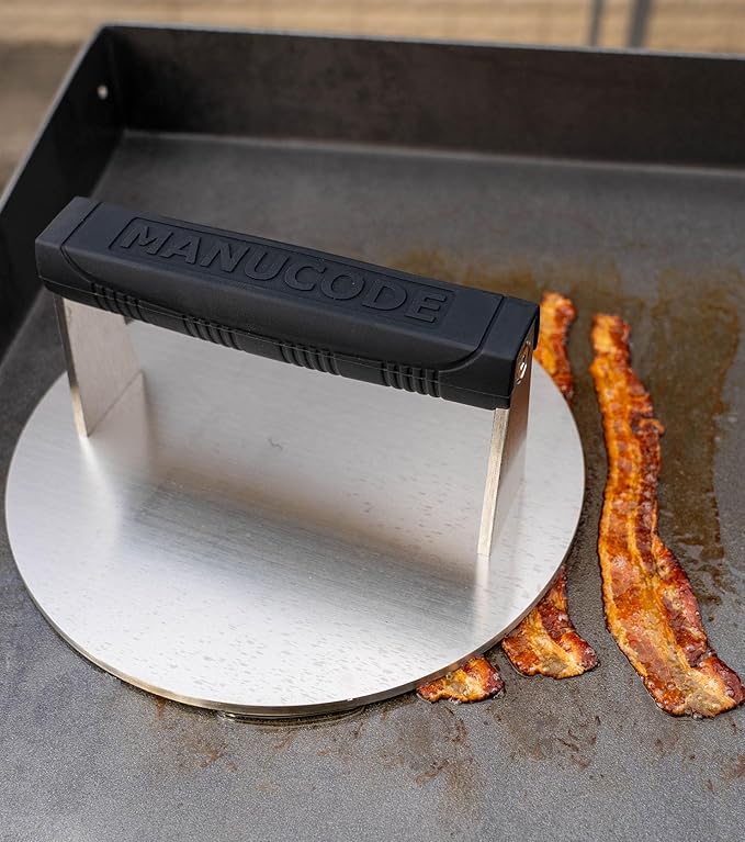 Stainless Steel Burger Smasher 3.25 LB – 8 Inch Steak Weight for Smash Burgers, Bacon, Sandwiches | Dishwasher Safe, Preheatable Protein Press with Silicone Handle | Commercial BBQ Tool