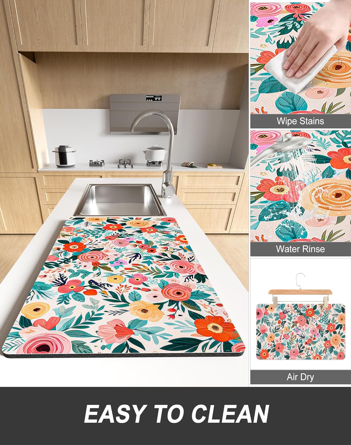 Rnivvi Dish Drying Mat for Kitchen Counter, 12 x 19" Cute Flower Super Absorbent Draining Pad, Non-Slip Heat Resistant Coffee Bar Mats for Coffee Machine Station Accessories, Colorful Dish Rack Pad