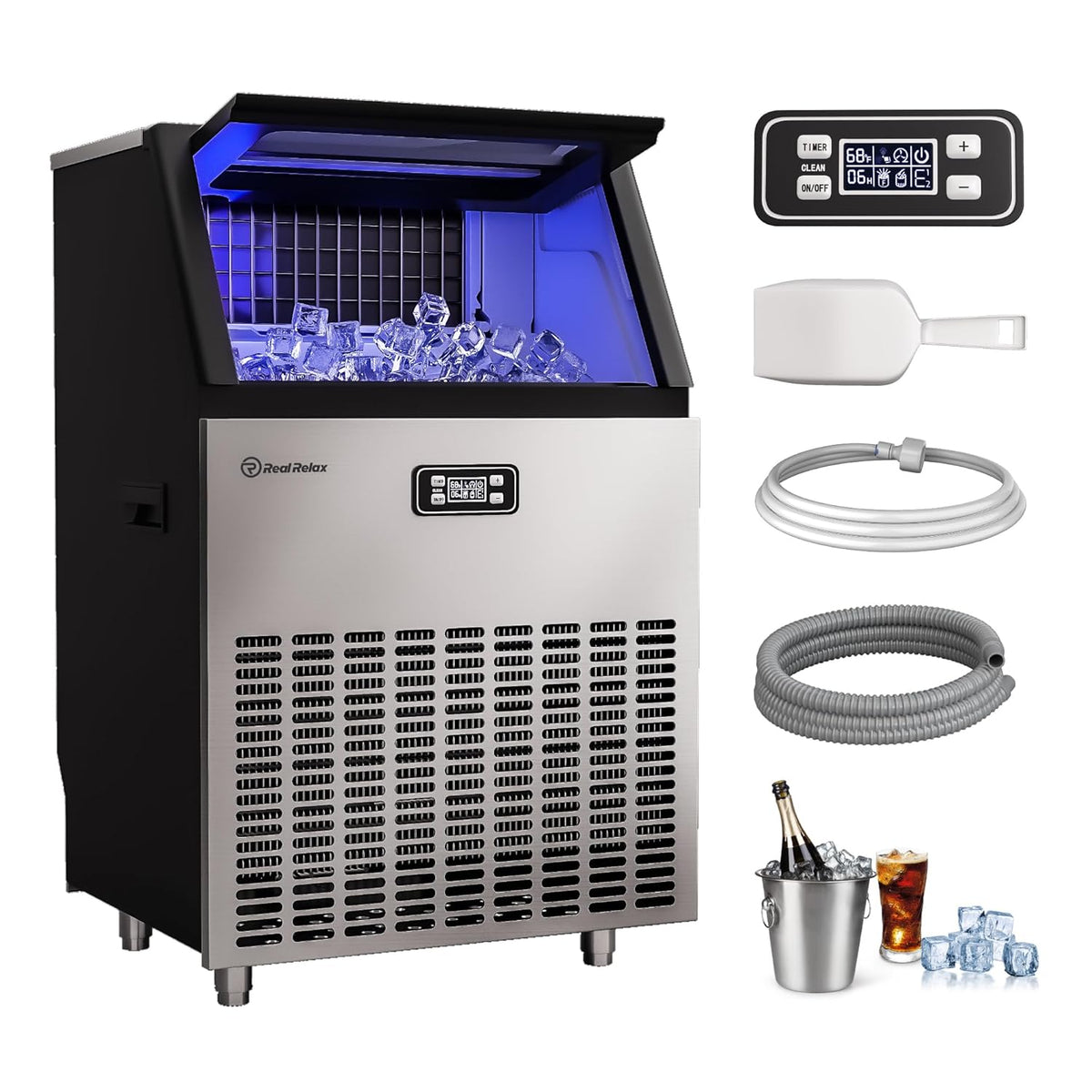 Real Relax Commercial Ice Maker Machine, 270LBS/24H Integrated Ice Machine, 48LBS Ice Storage Capacity, Auto Self-Cleaning, LCD Display, Blue Light, with Ice Scoop for Home Restaurant Bar Office Party