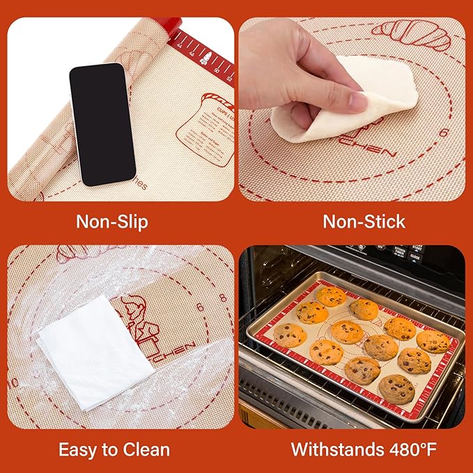 Non-Slip Silicone Baking Mat - 32x24 inch Extra Thick Pastry Mat with Measurements for Sourdough, Macarons, Bread, Pizza, Dough Rolling, Kneading, Oven Mat Heat Resistant to 480°F for Baker