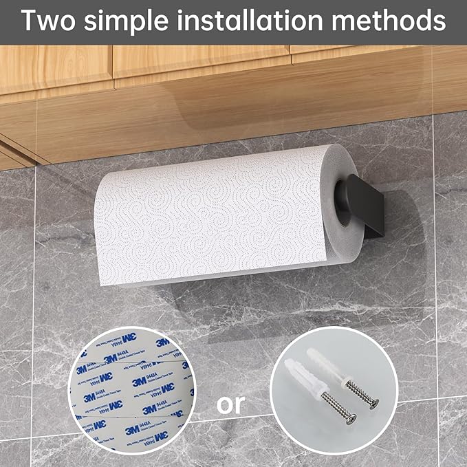 Mbillion Paper Towels Holder Under Cabinet Wall Mount and Self-Adhesive Paper Towel Rack for Kitchen Premium Grade SUS304 Stainless Steel Black