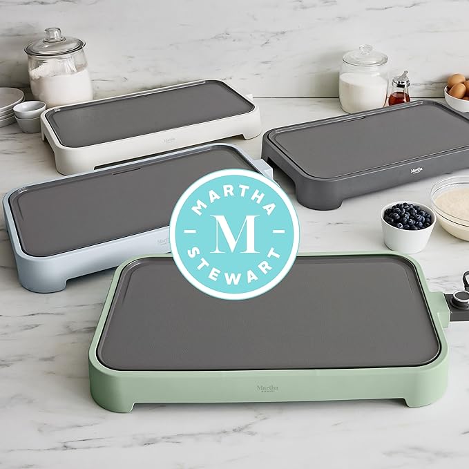 Martha Stewart 12” x 22” Electric Griddle, XL Ceramic Nonstick Flat Top Cooking Surface, Adjustable Temperature Dial, Drip Tray, Dishwasher Safe, 1500W Fast Even Heating, Pancakes & Eggs, Caviar Gray
