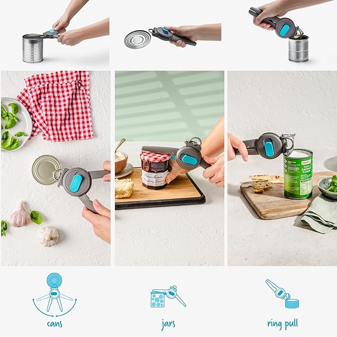 Dreamfarm Dopener 3-In-1 Ergonomic Can Opener Smoothes Can Edges for Safe Removal with Jar Lid Seal-Breaker & Can Ring Puller - Grey/Gray