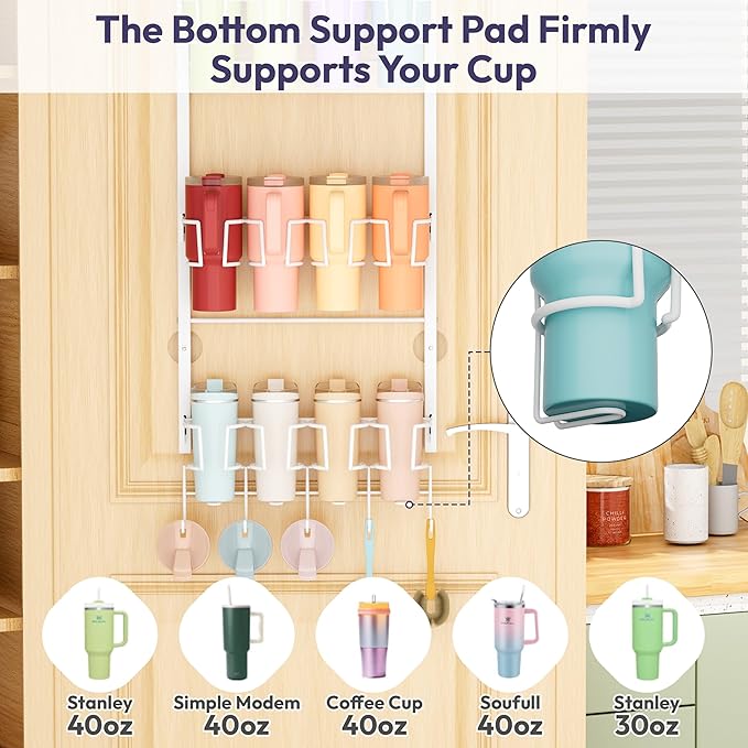 SWTYMIKI 3-Tier Water Bottle Organizer - Over the Door Stanley Cup Holder - Cup Rack with Hooks for Door or Wall Mount Option- Tumbler Organizer Storage Display for Kitchen Dorm Office RV, White