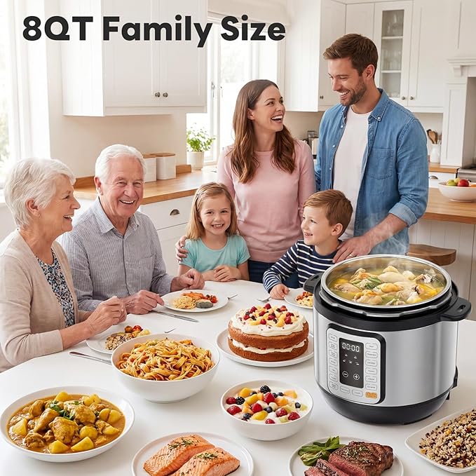 Sweetcrispy 16-in-1 Electric Pressure Cooker 8QT, 12-Preset Multi Cookers with Ceramic Pot, Slow Cook Rice Steamer Sauté Soup Yogurt Maker and More, Recipe Book