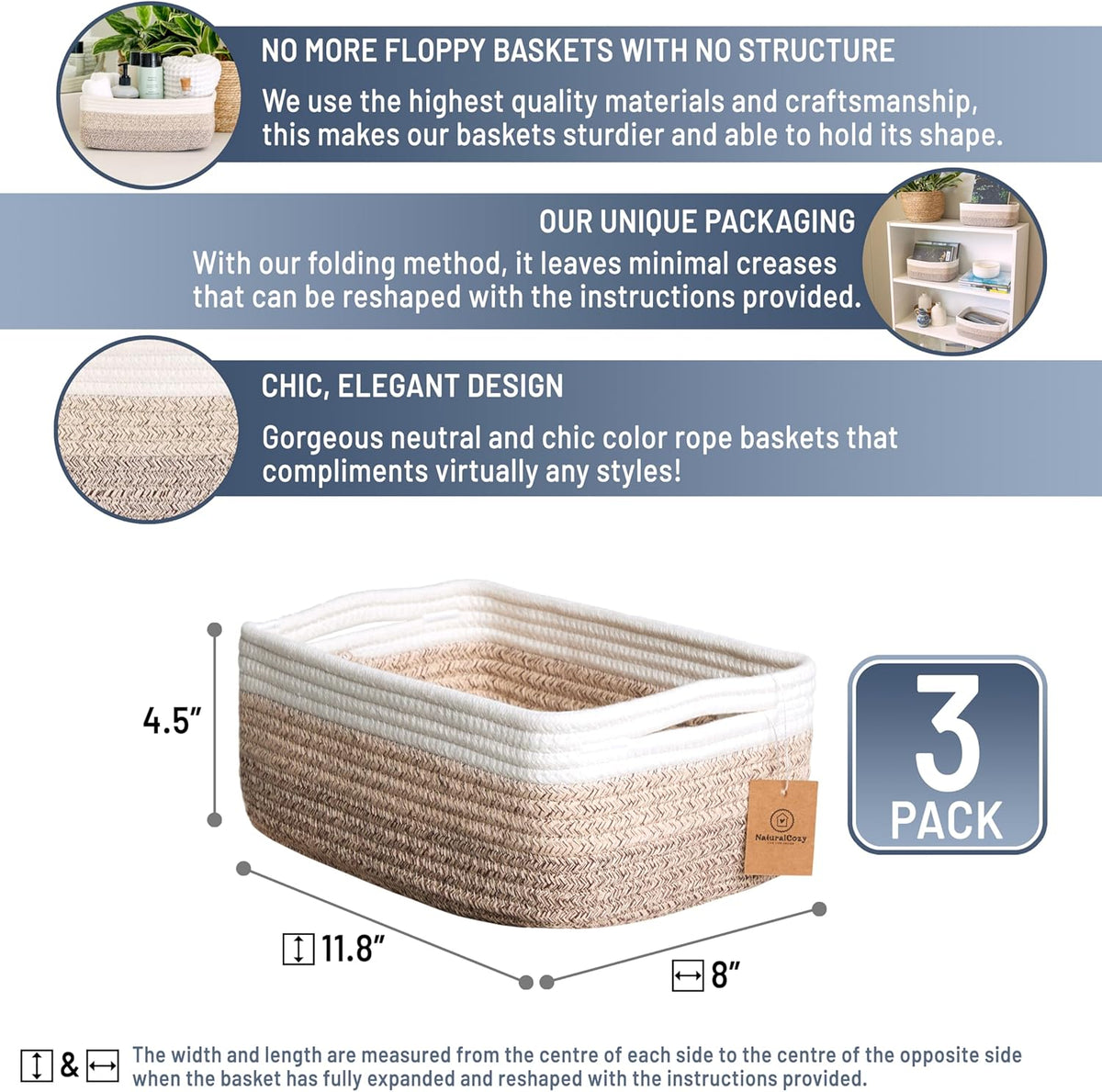 NaturalCozy 11.8"x8"x4.5” Storage Baskets for Shelves 3 Pack | Cotton Rope Woven Small Baskets for Organizing | Small Storage Bins for Nursery, Bathroom, Closet, Cube Shelf, Decorative, Gift Basket