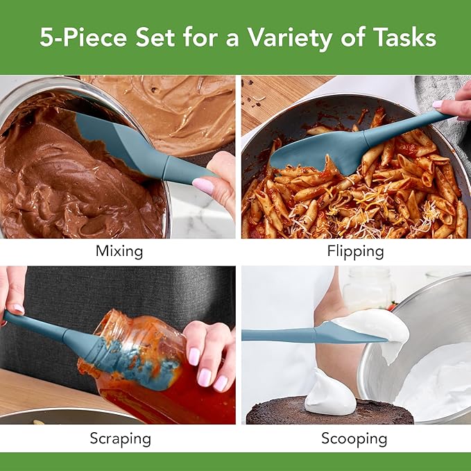 Tovolo Flex Core 5 Piece Silicone Spatula Set Heat Resistant All Silicone Utensils Include Non Stick Spatula Spoonula Jar Scraper, Dishwasher Safe BPA Free Spatulas for Baking Mixing, Blue Slate