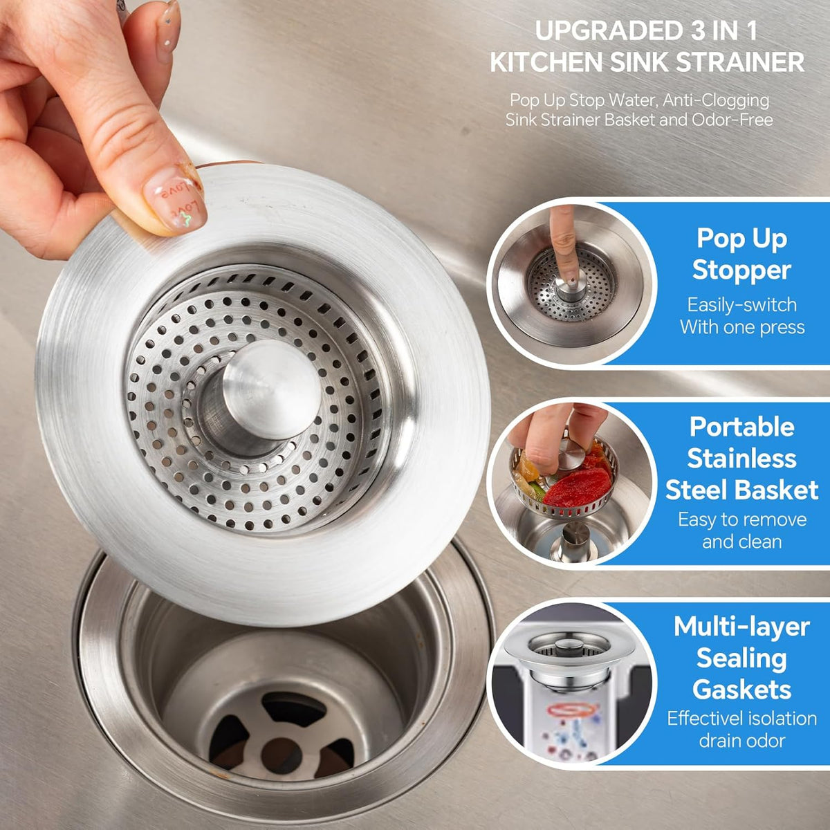 SELLO 3 in 1 Kitchen Sink Drain Strainer, 304 Stainless Steel Pop-Up Sink Stopper with Filter Basket, Anti-Clogging Sink Drain Strainer for 3-1/2''Drain Hole of US Standard Kitchen Drain