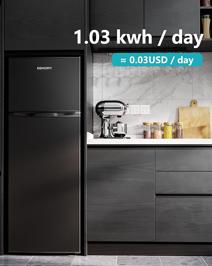 EUHOMY 7.4 Cu.Ft. Refrigerator with Freezer, 2 Door Fridge, Adjustable Thermostat，Large Capacity, Refrigerator for Kitchen/Dorm/Office/Apartment - Food Storage or Cooling drinks, Black
