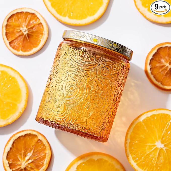 Art Secret 9-Pack 8oz Embossed Glass Candle Jars with Lids and Labels - Sun Moon Stars Design (Orange)