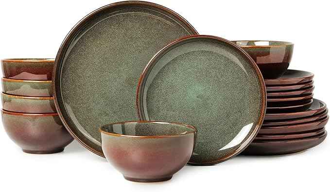 Stoneware Dinnerware Sets for 6, 18 Pieces Ceramic Plates and Bowls Sets, Chip and Scratch Resistant Dish Set, Dishwasher & Microwave Safe Plate Set, Brown Green