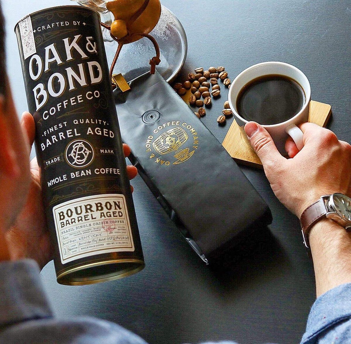 Oak & Bond Coffee Co. Bourbon Barrel Aged Coffee, Brazil Single Origin Whole Bean, Medium Roast - Chocolate, Caramel, Mandarin Orange, Sweet Bourbon Flavors - 10oz